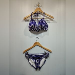 Athleta Aqualuxe Ikat Bikini Set Navy Blue‎ White Size M Swim Two Piece